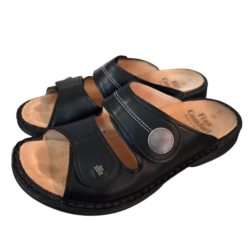 Finn Comfort 8.5 Sz 39 Mira Metallic Leather Adjustable Slide Mules Shoes